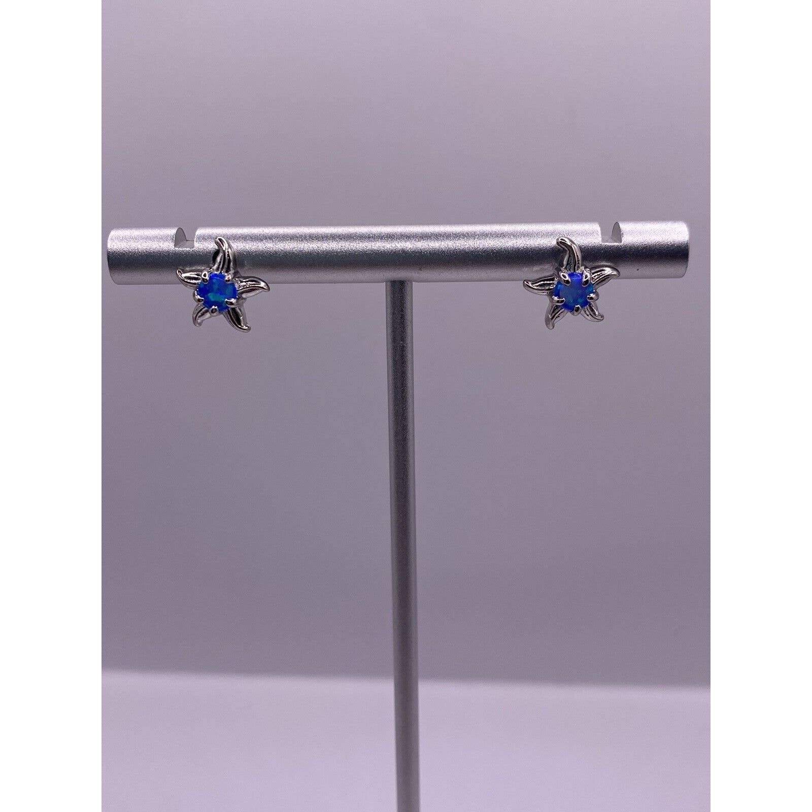 Beautiful Rare Starfish Sterling Silver Earrings With Blue Cz